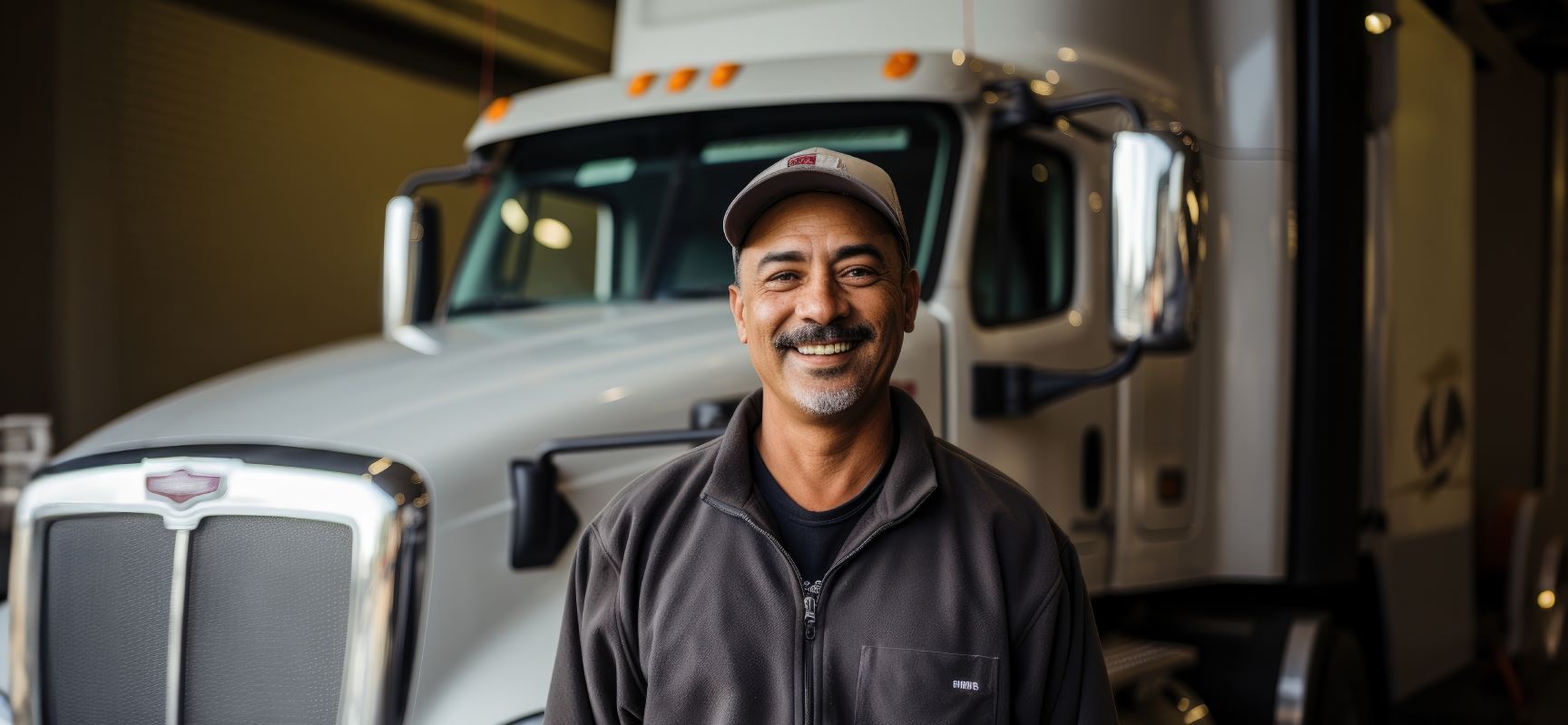 Smiling trucker in front of semi-truck