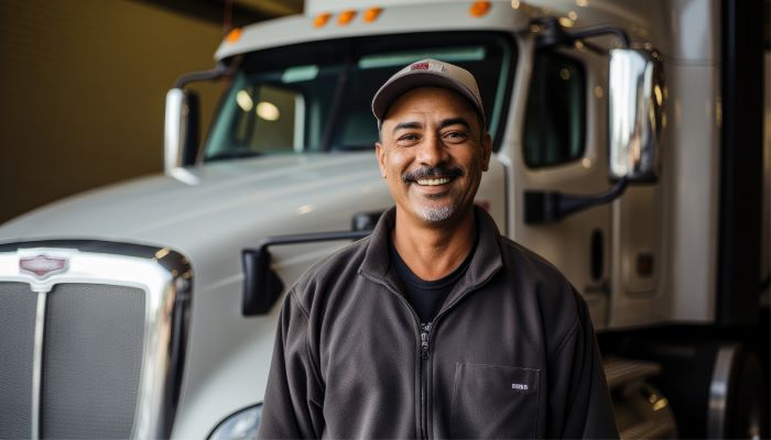 Smiling trucker in front of semi truck